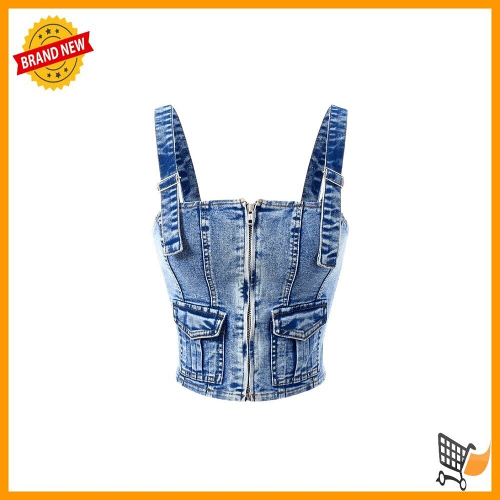 Zip Up Denim Crop Top Adjustable Straps Sleeveless Pockets Y2K Chic Casual Wear